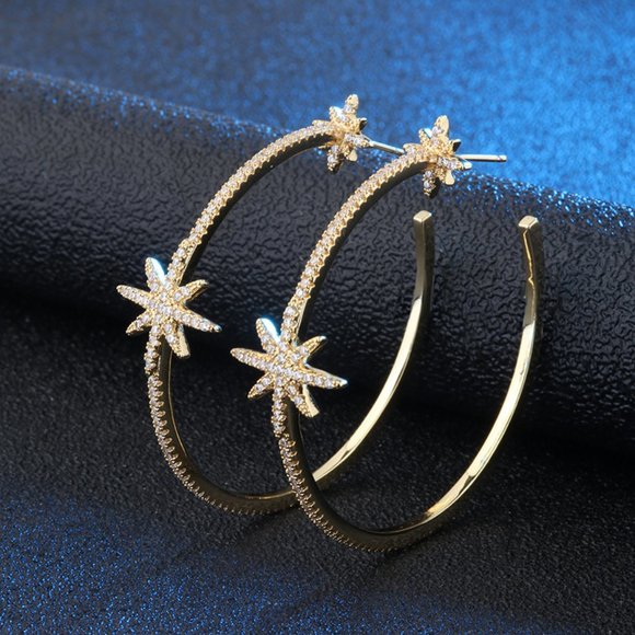 NEW Silver/Gold Diamond Double Star Hoop Earrings - Picture 3 of 5
